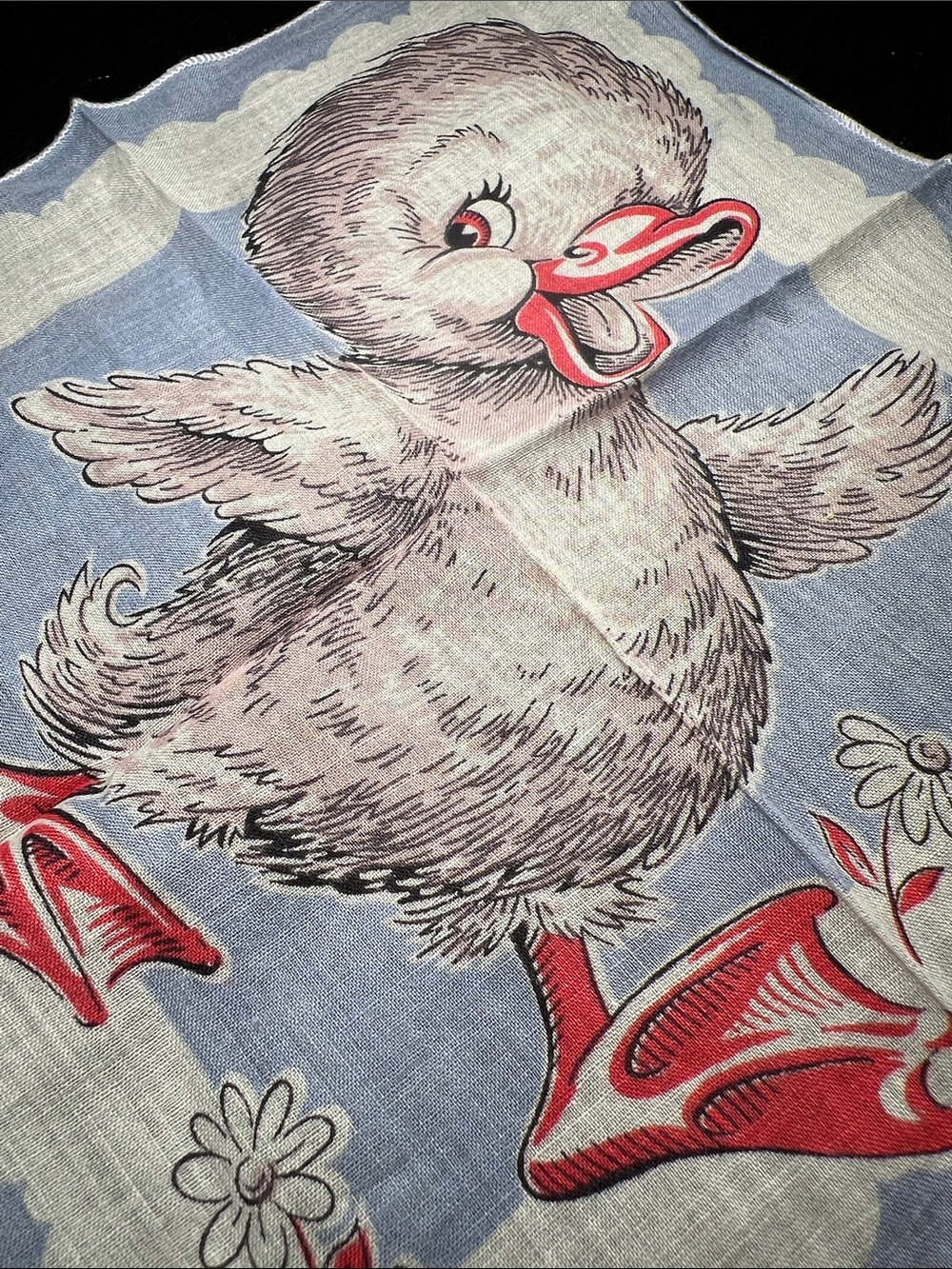 Vintage MCM Kitsch Anthropomorphic Cute Duck Floral Handkerchief Hankie - Picture 3 of 4